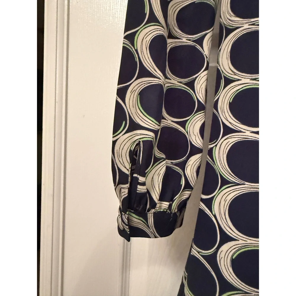 Moulinette Soeurs Dress Women 0 Navy Blue Geometric Circle Ruffle Tie Neck Shift